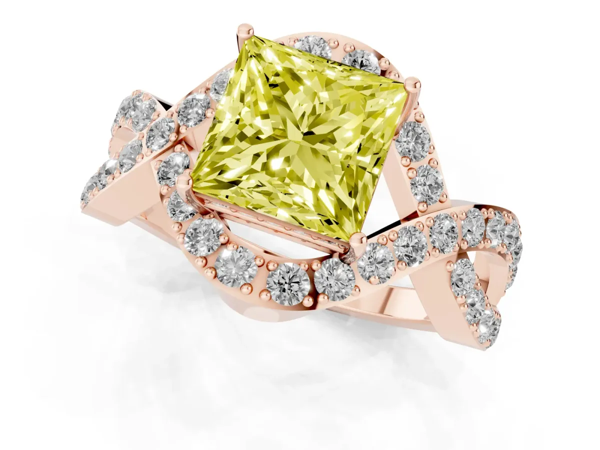 Fancy Yellow Princess Cut Solitaire Twist Band Pavé Diamond Engagement Ring Rose gold