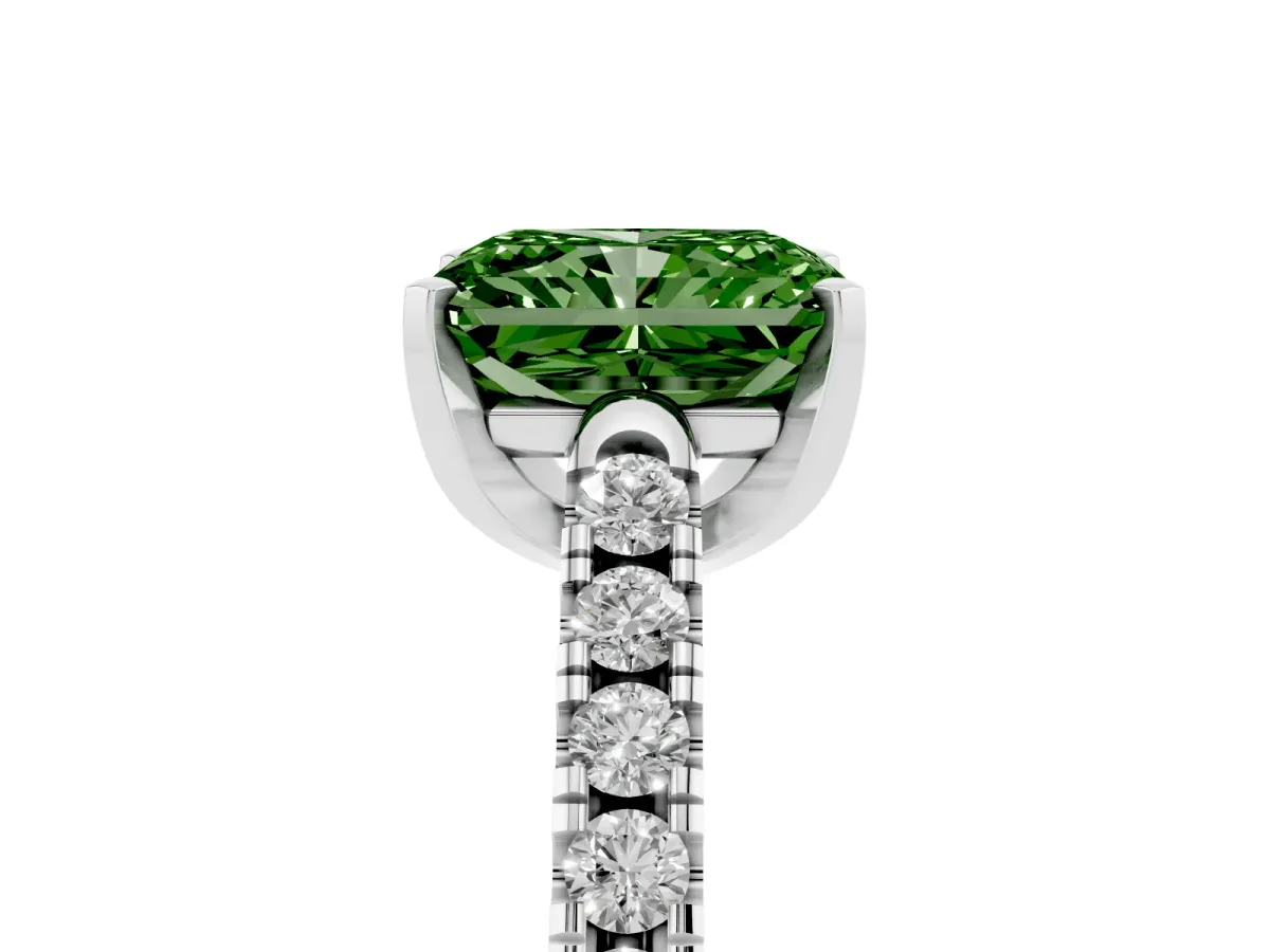 Fancy Green Radiant Cut Diamond Pavé Band Solitaire Ring with Prong Setting Silver