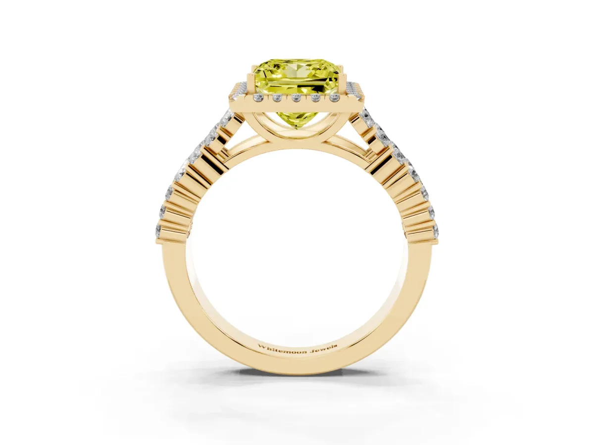 Fancy Yellow Princess Cut Diamond Halo Engagement Ring with Triple Row Round Pavé Band and Prong Setting Yellow gold