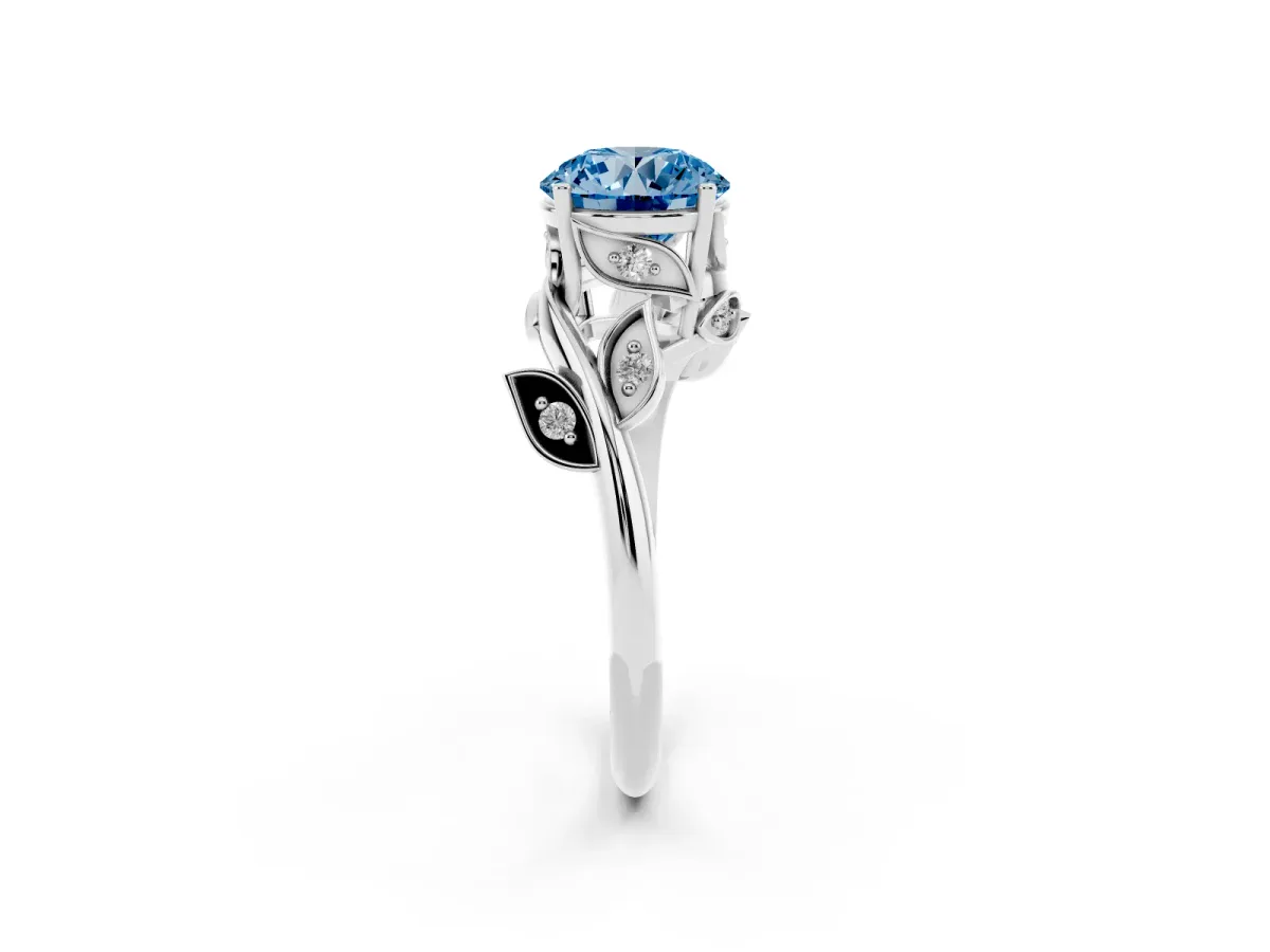 Fancy Blue Round Cut Solitaire Twist Engagement Ring with Leaf Accents and Prong Setting Silver