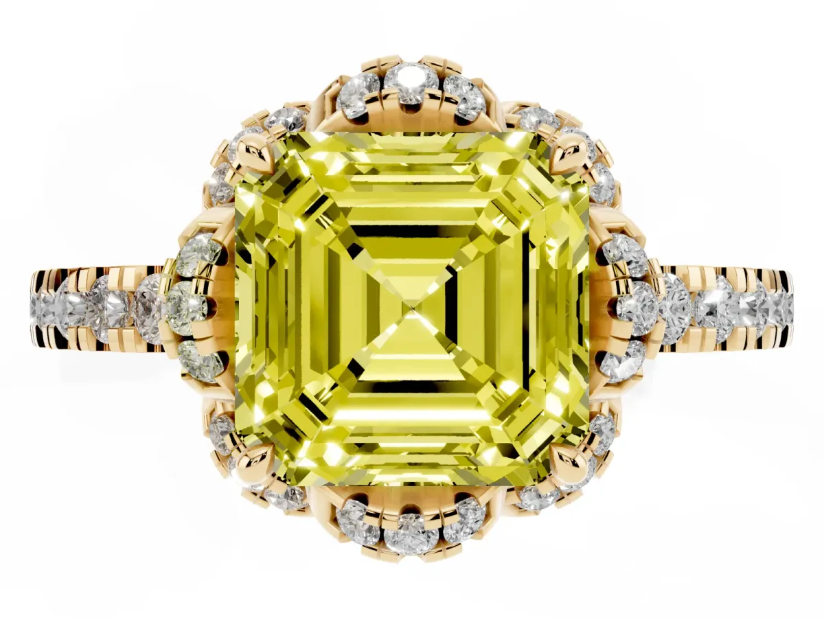 Fancy Yellow Asscher Cut Halo Diamond Pave Band Ring with Four-Prong Setting Yellow gold