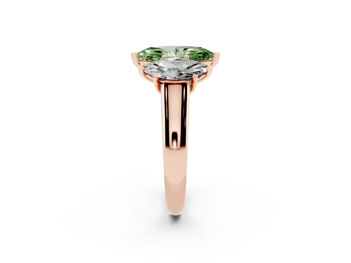 Fancy Green Marquise Cut Three-Stone Diamond Ring with Prong Setting on a Classic Band Rose gold
