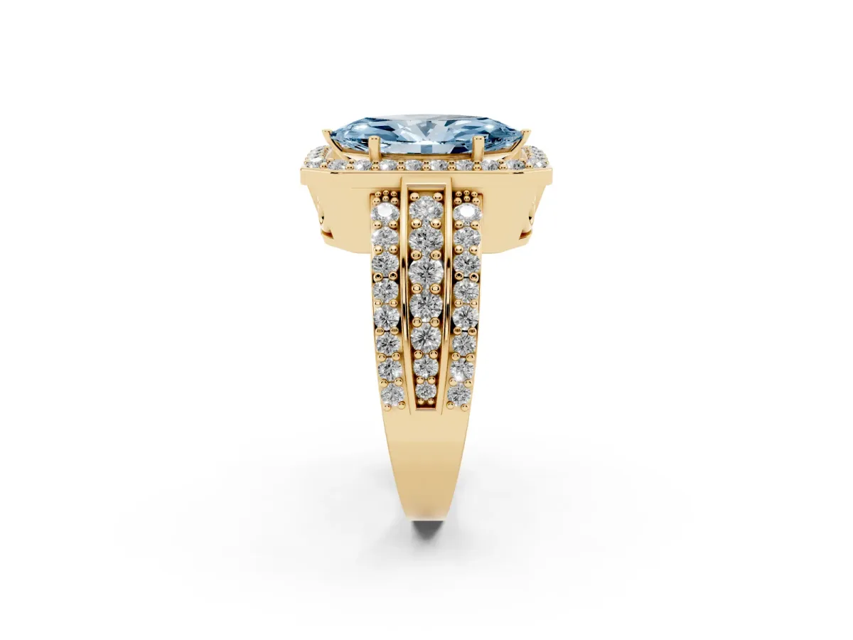 Fancy Blue Marquise Cut Halo Diamond Ring with Round Split Shank and Prong Setting Yellow gold