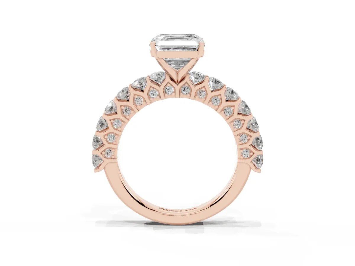 Asscher Cut Diamond Solitaire Ring with Shared Prong Pavé Band and Four-Prong Setting Rose gold