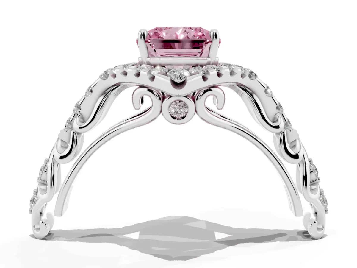 Fancy Pink Radiant Cut Diamond Solitaire Ring with Hidden Halo and Pavé Band Silver