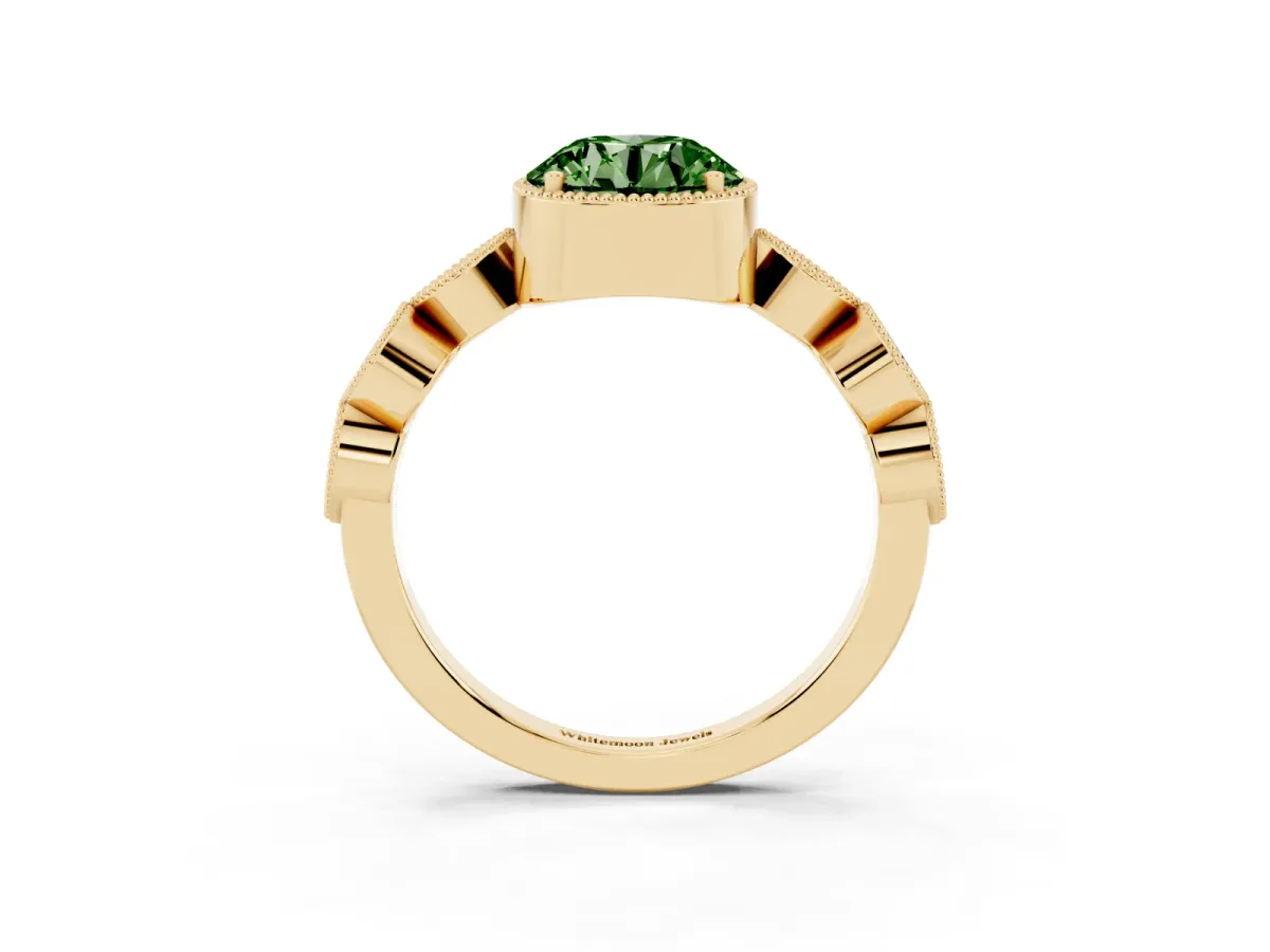 Fancy Green Round Cut Diamond Vintage Milgrain Ring with Round Stations Yellow gold