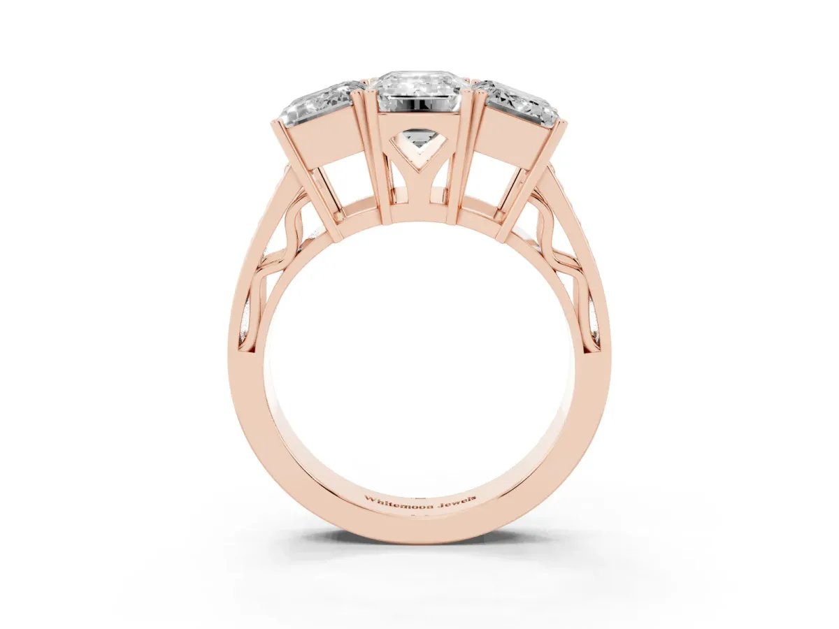 Emerald Cut Diamond Three-Stone Ring with Prong Setting and Textured Band Rose gold