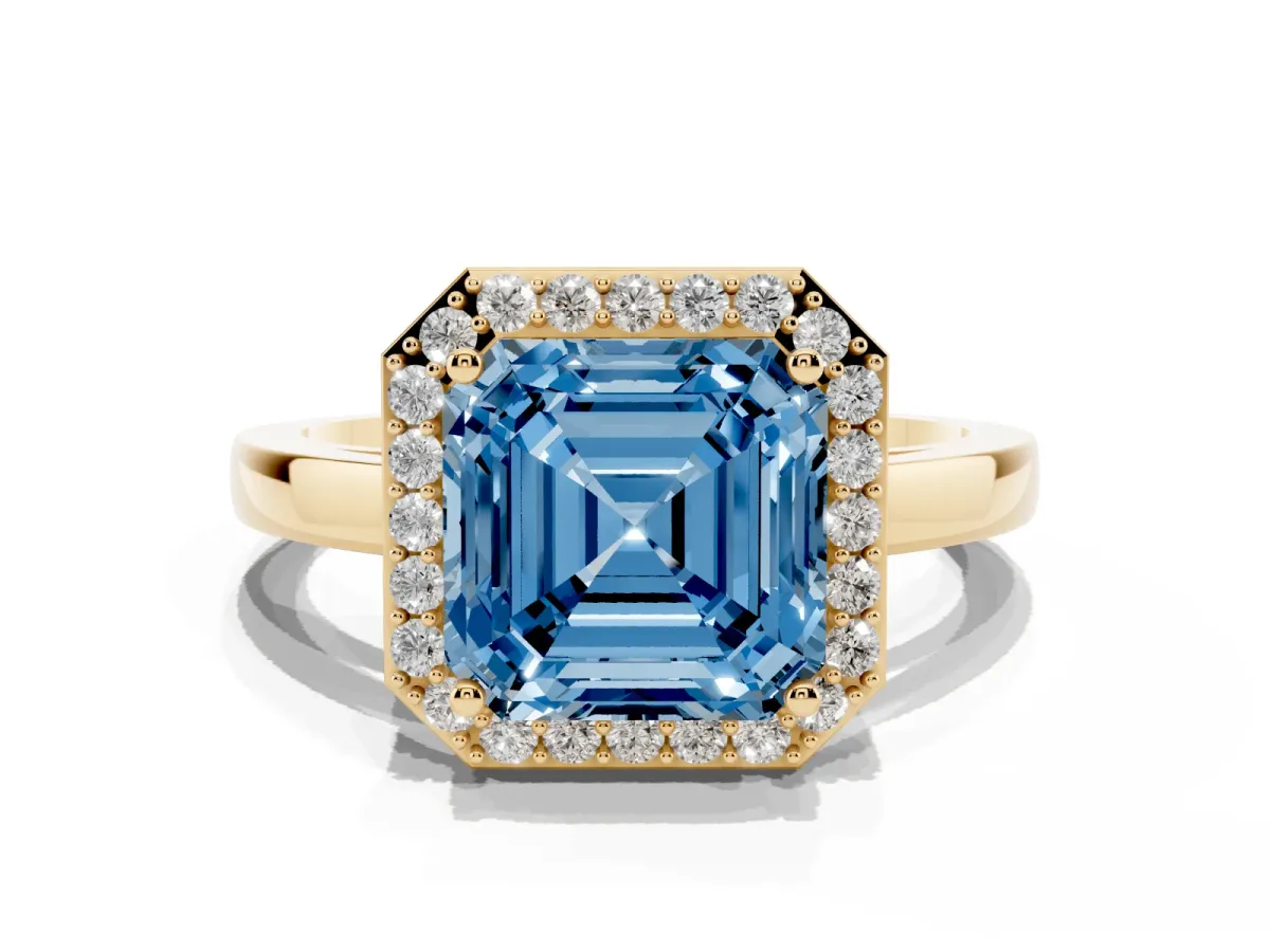Fancy Blue Asscher Cut Halo Diamond Ring with Solitaire Band and Prong Setting Yellow gold