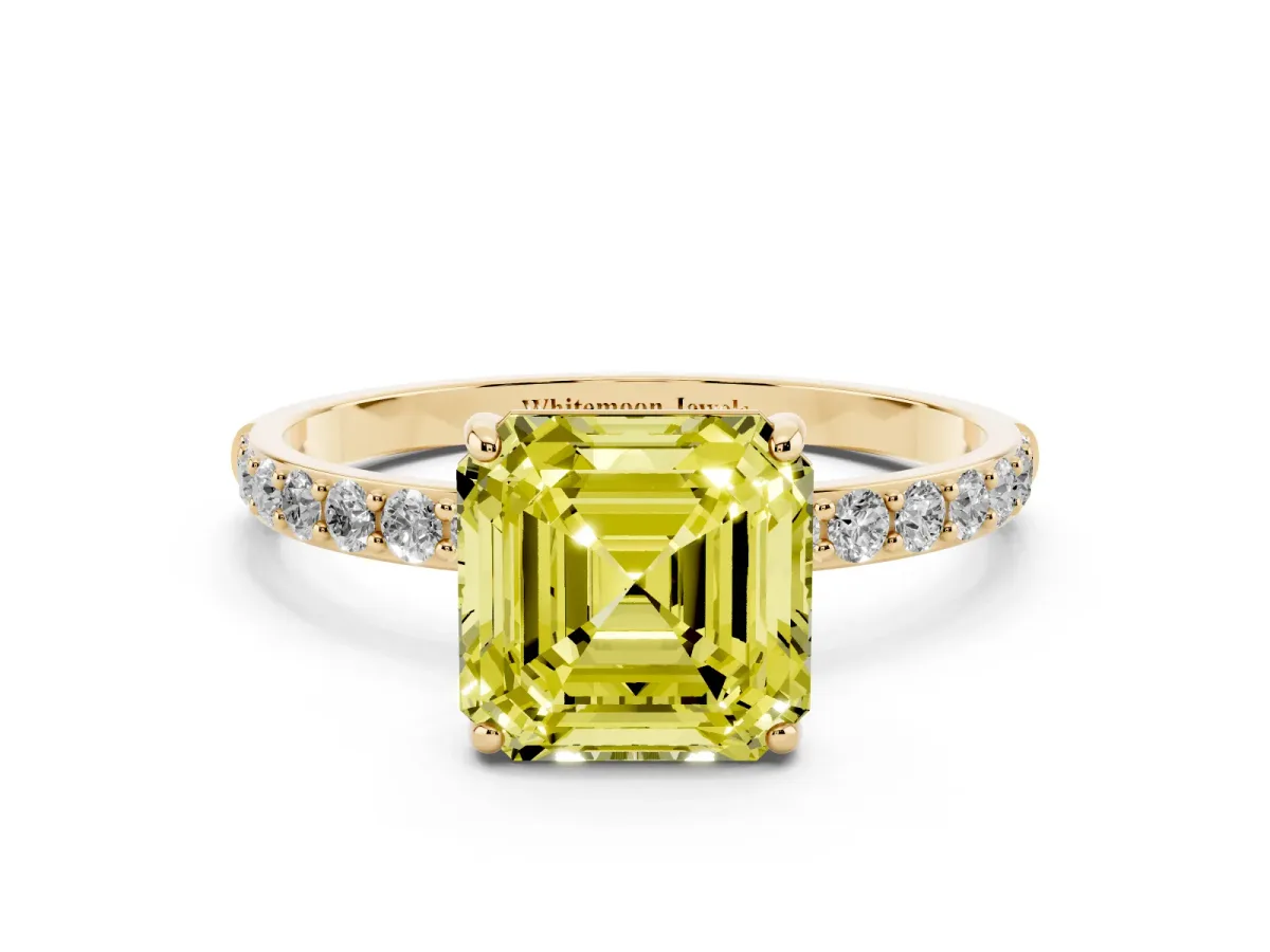 Fancy Yellow Asscher Cut Diamond Solitaire Ring with Round Pavé Shoulders and Prong Setting Yellow gold