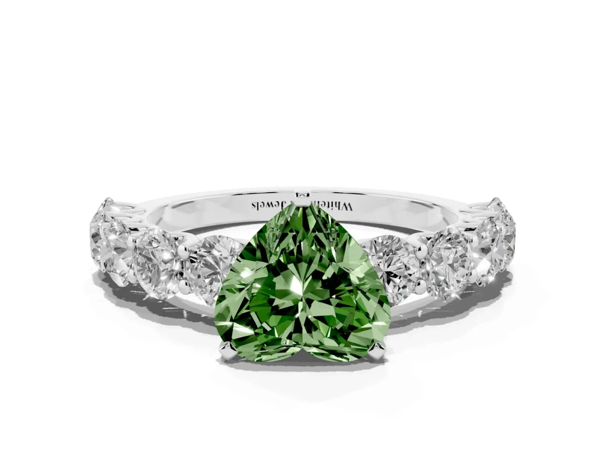 Fancy Green Heart Cut Diamond Prong Setting with Side Stones on a Pave Band White gold