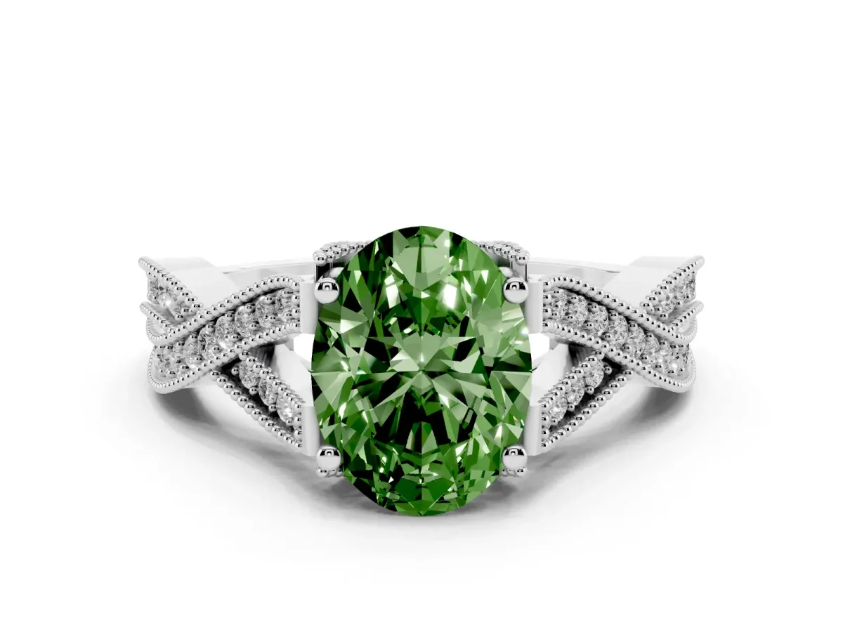 Fancy Green Oval Cut Cut Diamond Twisted Band with Milgrain Pave Setting and Four-Prong Setting Silver
