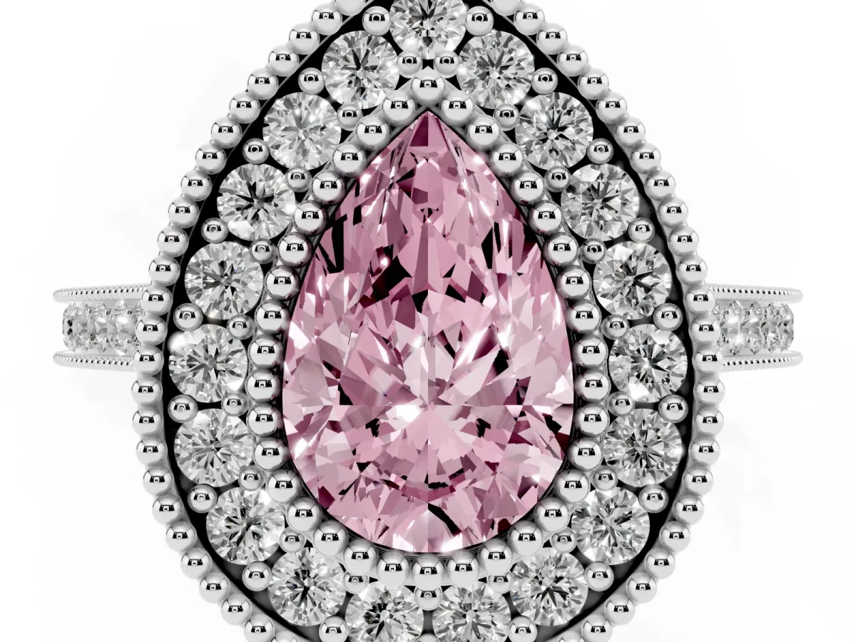 Fancy Pink Pear Cut Diamond Halo Ring with Milgrain Frame and Pavé Band Platinum