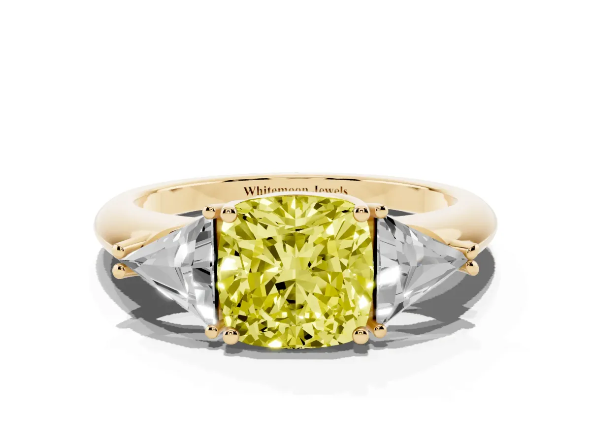 Fancy Yellow Three-Stone Cushion Cut Diamond Engagement Ring with Trillion Side Stones and Prong Setting Yellow gold
