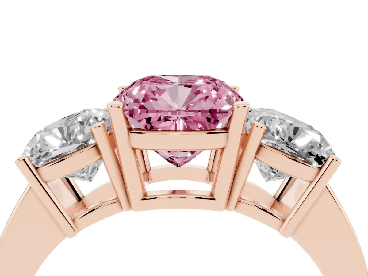 Fancy Pink Three-Stone Cushion Cut Cut Diamond Engagement Ring with Flat Band and Four-Prong Setting Rose gold