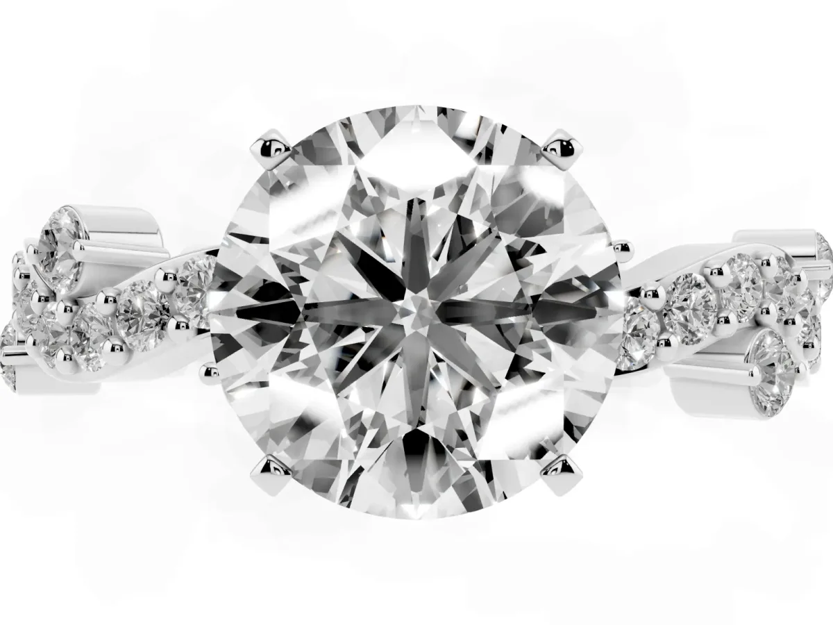 Round Cut Cut Solitaire Diamond Twisted Band with Pave Setting Silver