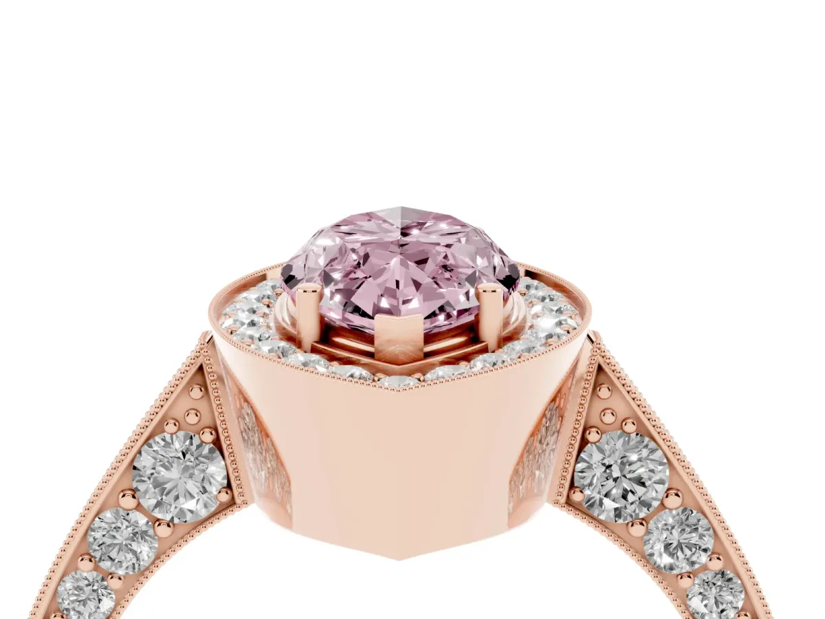 Fancy Pink Marquise Cut Halo Diamond Engagement Ring with Split Shank Band and Four-Prong Setting Rose gold