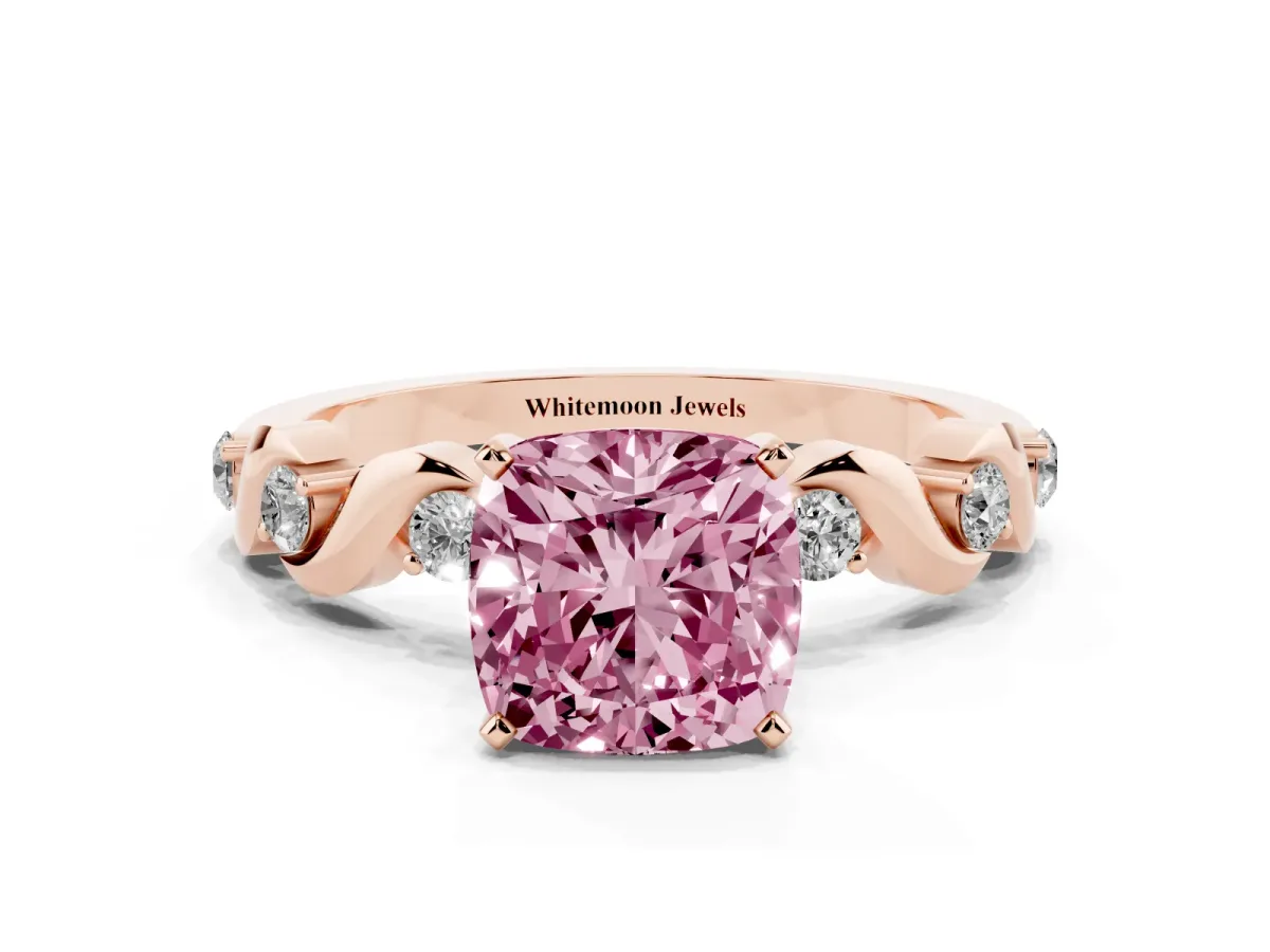 Fancy Pink Cushion Cut Diamond Solitaire Twisted Band with Round Accents and Prong Setting Rose gold