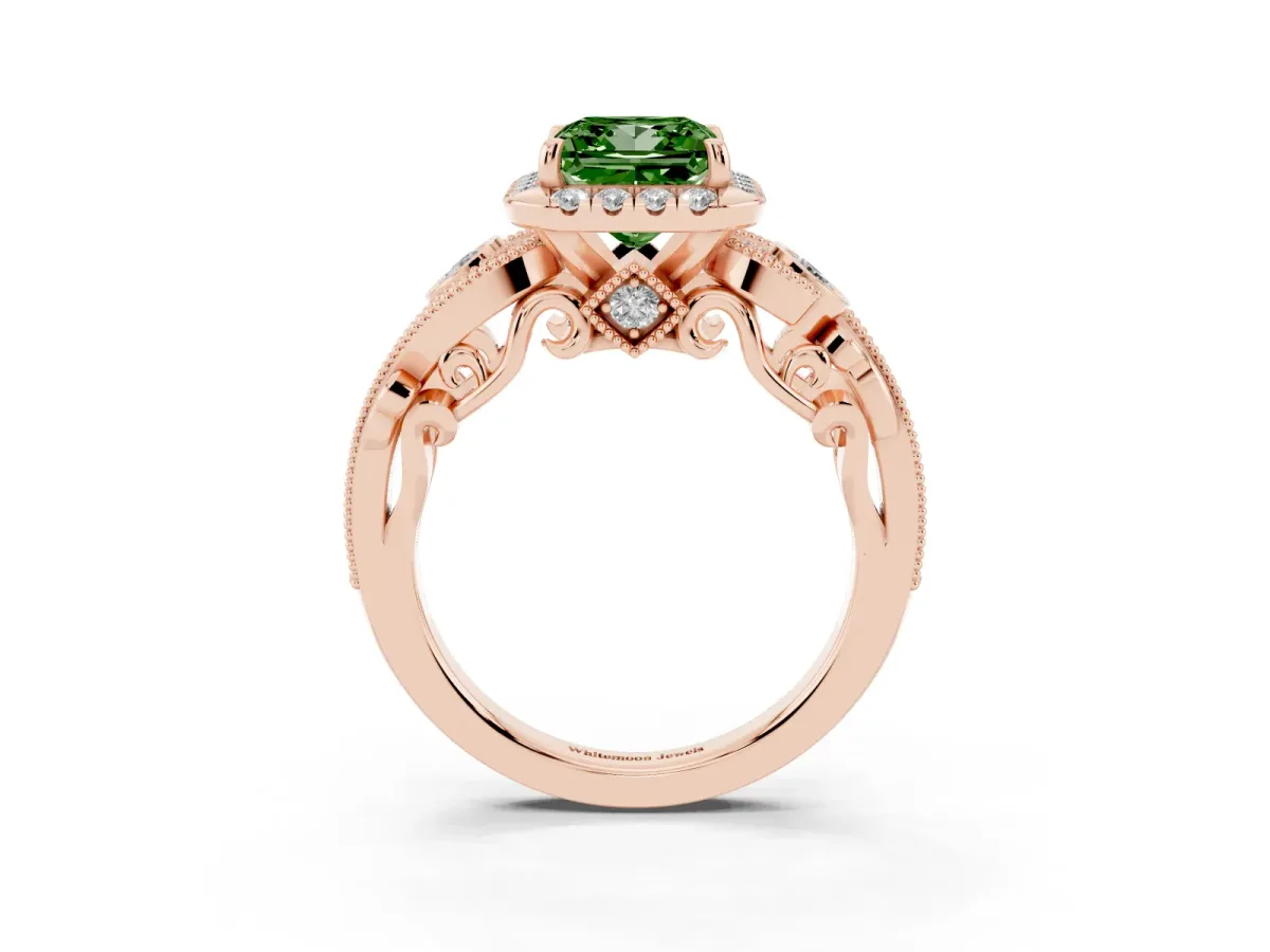 Fancy Green Princess Cut Diamond Halo Ring with Milgrain Pavé Band and Four-Prong Setting Rose gold