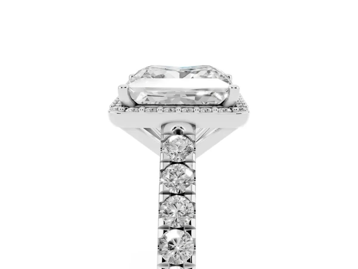 Princess Cut Cut Halo Diamond Engagement Ring with Pave Band and Four-Prong Setting Platinum