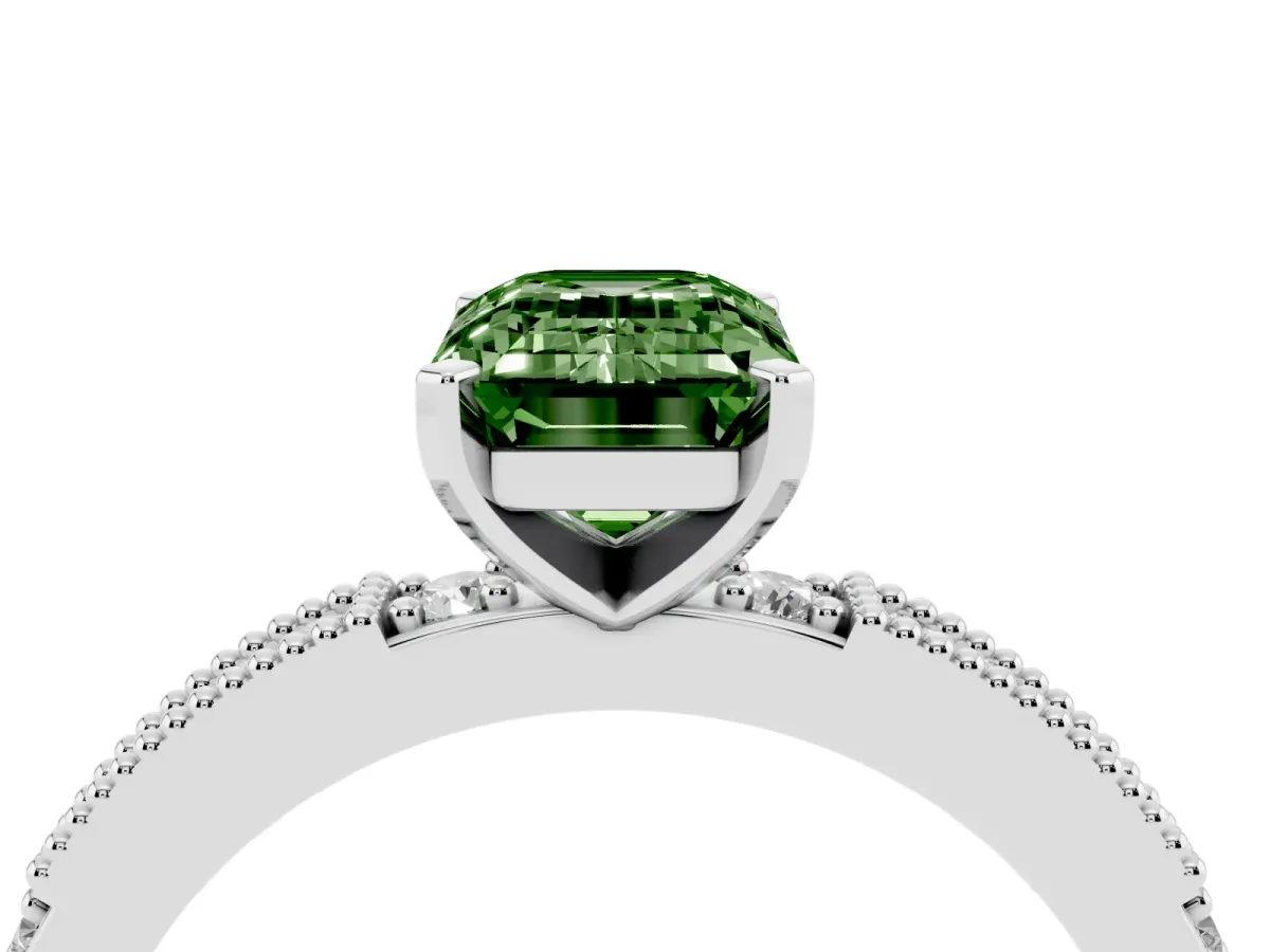 Fancy Green Emerald Cut Solitaire with Pavé Band and Four-Prong Setting Silver