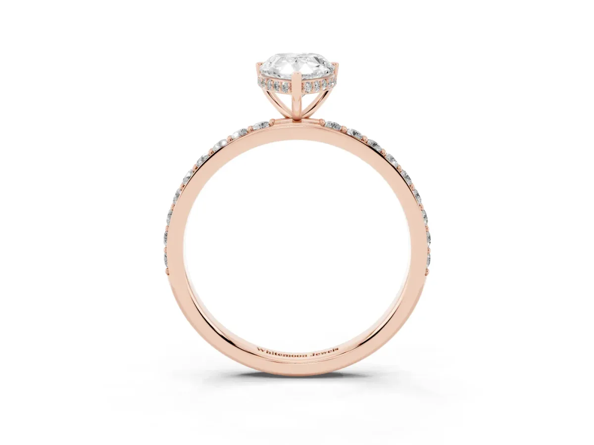 Pear Cut Diamond Solitaire Ring with Pavé Band and Hidden Halo Rose gold