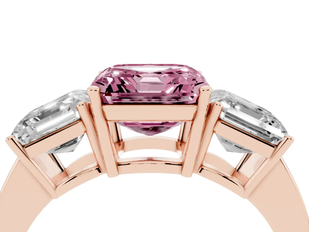 Fancy Pink Three-Stone Asscher Cut Cut Diamond Engagement Ring with Flat Band and Four-Prong Setting Rose gold