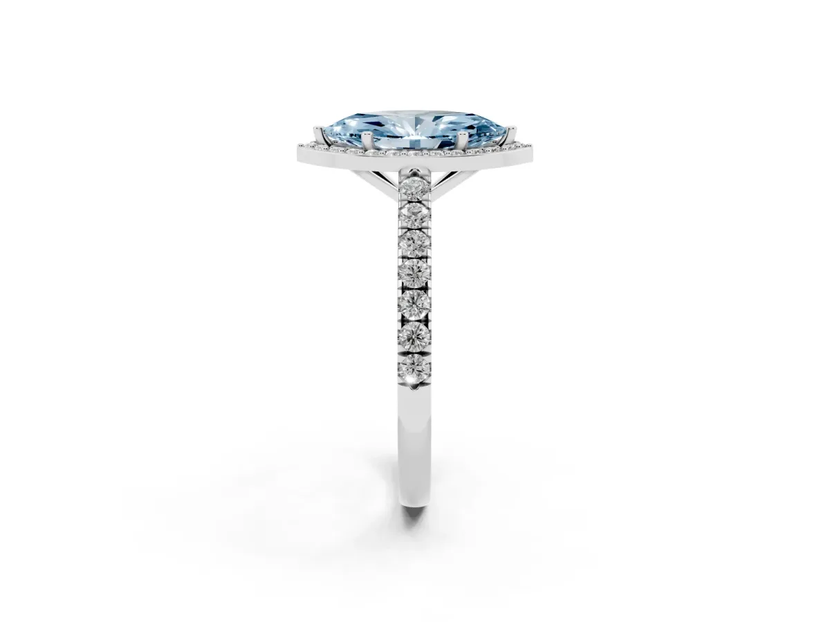 Fancy Blue Marquise Cut Cut Halo Diamond Engagement Ring with Pave Band and Four-Prong Setting Silver