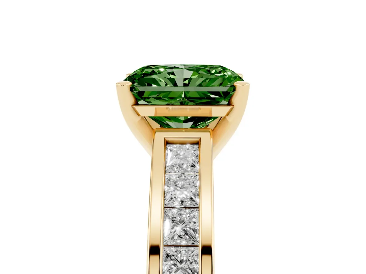 Fancy Green Radiant Cut Solitaire Diamond Ring with Channel-Set Band and Four-Prong Setting Yellow gold
