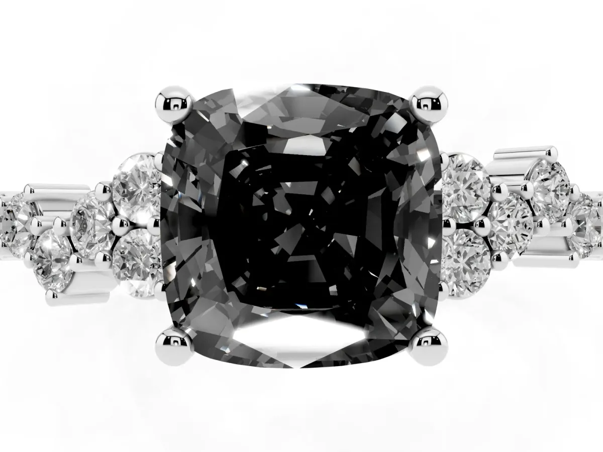 Fancy Black Cushion Cut Diamond Scattered Round Accent Ring with Prong Setting White gold
