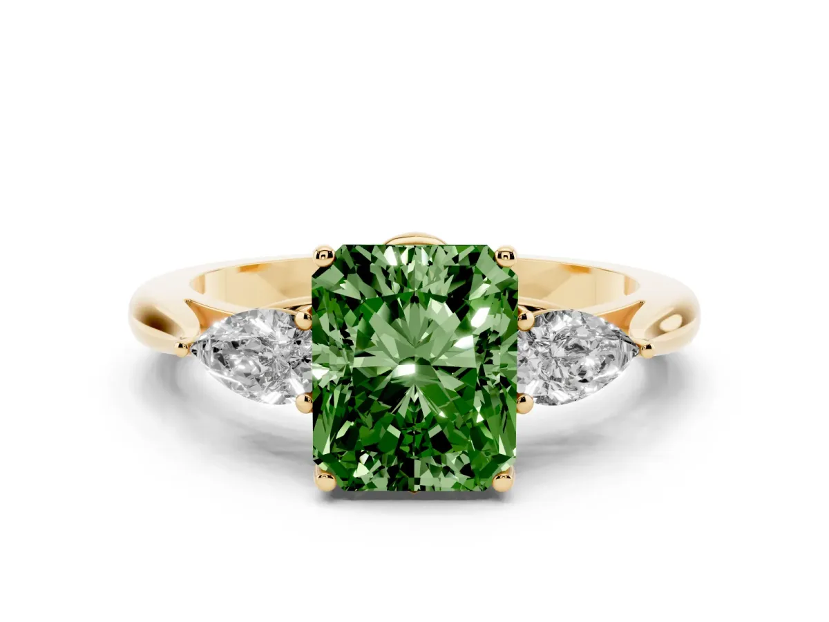 Fancy Green Three-Stone Radiant Cut Brilliant Diamond Solitaire Ring with Tapered Band and Four-Prong Setting Yellow gold