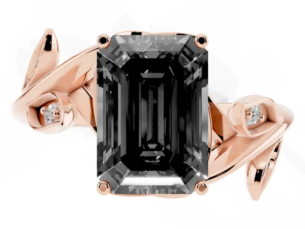 Fancy Black Emerald Cut Solitaire Twist Engagement Ring with Leaf Accents and Prong Setting Rose gold