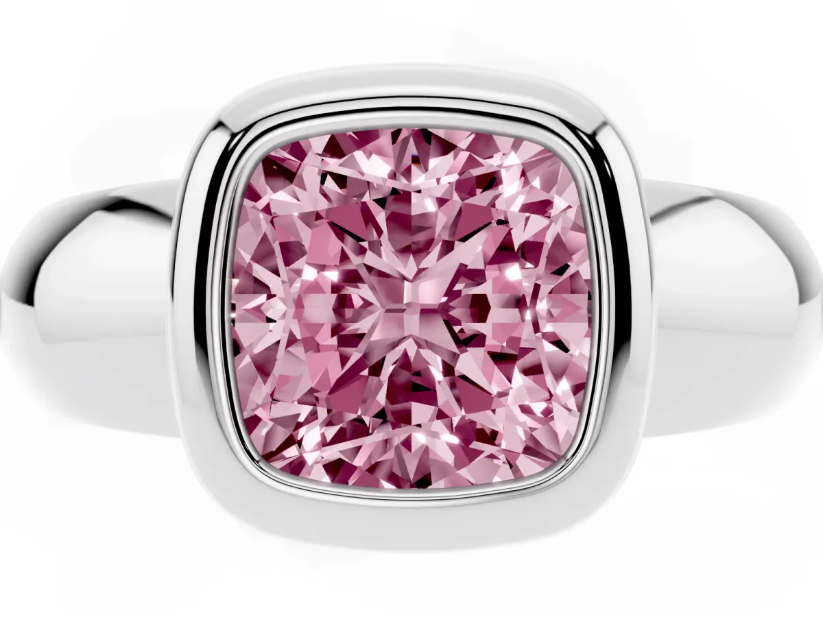Fancy Pink Bezel Set Cushion Cut Solitaire Ring with Wide Band Silver