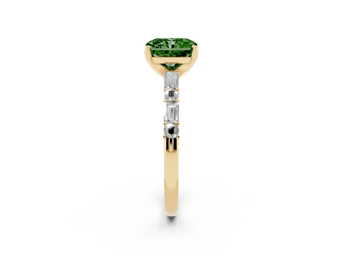 Fancy Green Radiant Cut Diamond Solitaire with Side Baguettes and Channel Set Band Yellow gold