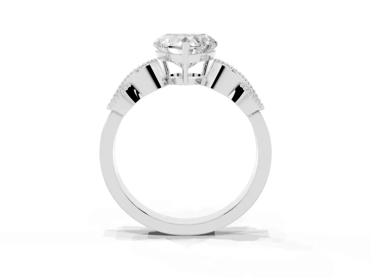 Heart Cut Solitaire Milgrain Leaf Band with Prong Setting Silver