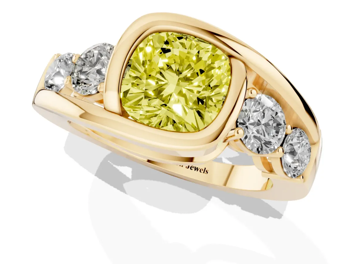 Fancy Yellow Bezel Set Cushion Cut Diamond Bypass Ring with Round Accents Yellow gold
