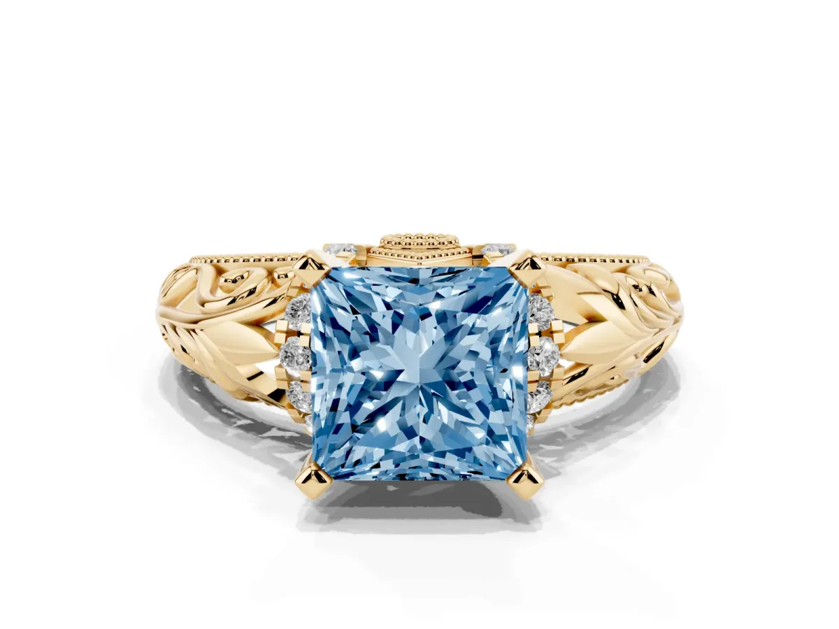 Fancy Blue Princess Cut Solitaire Filigree Engagement Ring with Halo and Prong Setting Yellow gold