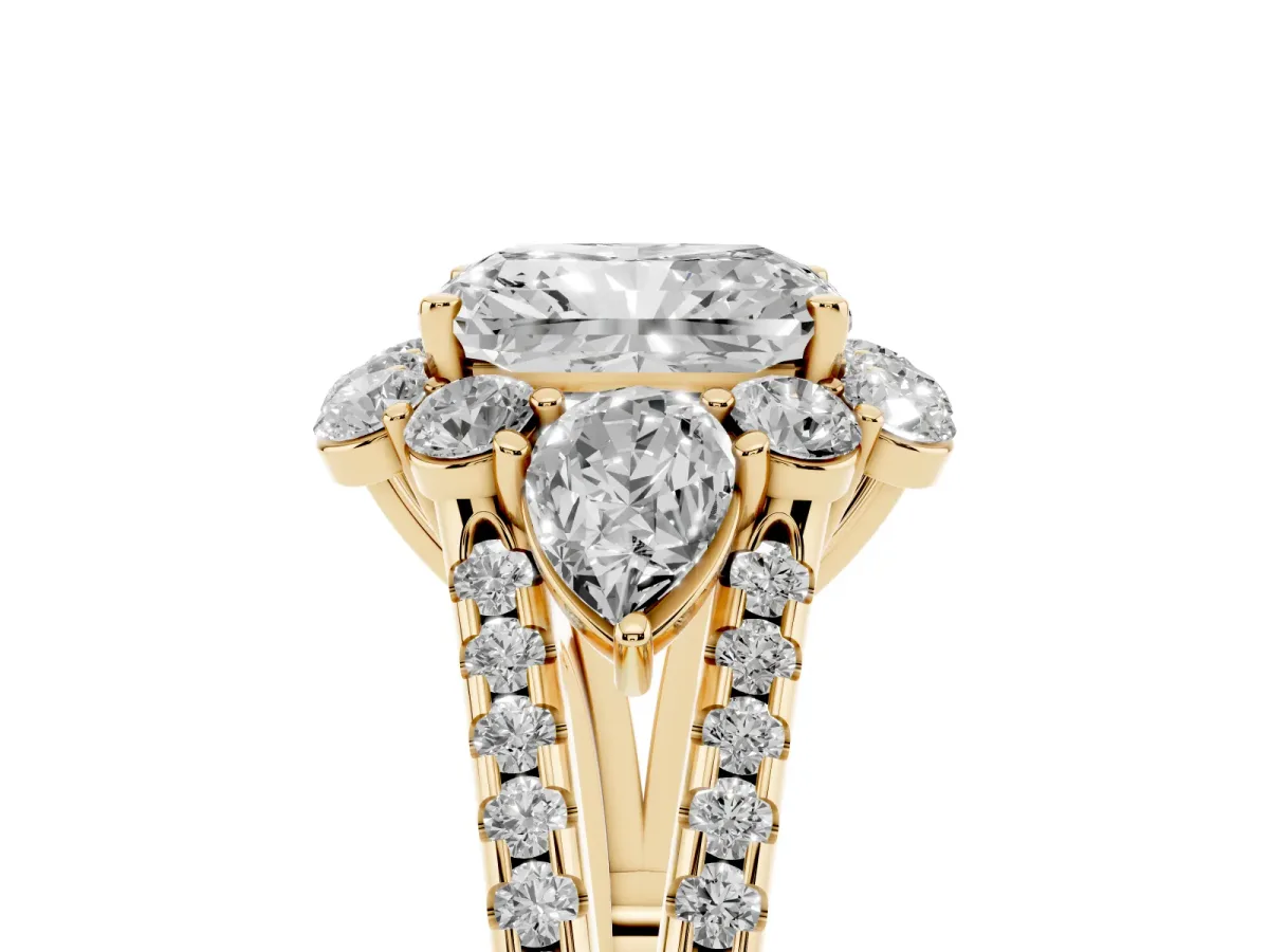 Radiant Cut Halo Split Shank Diamond Engagement Ring with Prong Setting Yellow gold