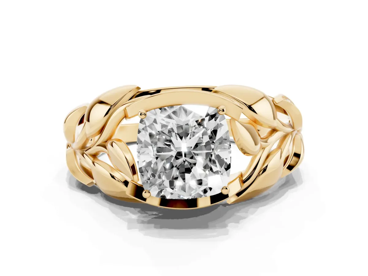 Cushion Cut Diamond Leaf-Inspired Engagement Ring with Round Accents and Prong Setting Yellow gold