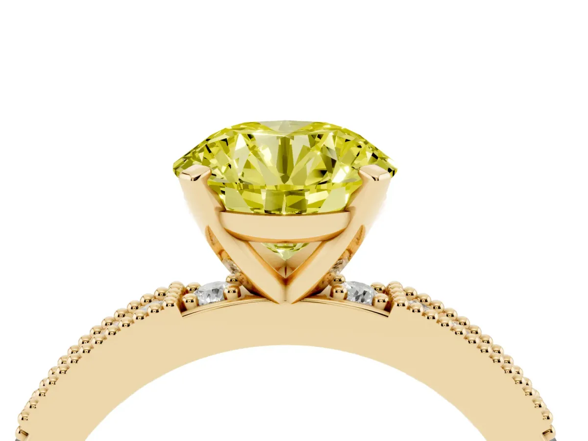 Fancy Yellow Round Cut Solitaire with Pavé Band and Four-Prong Setting Yellow gold