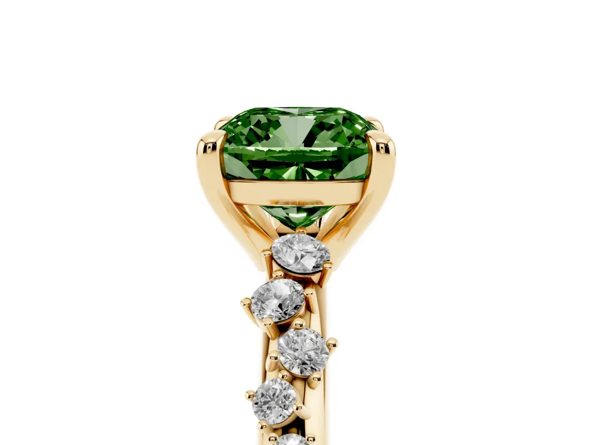 Fancy Green Cushion Cut Cut Diamond Vine Band with Four-Prong Setting Yellow gold
