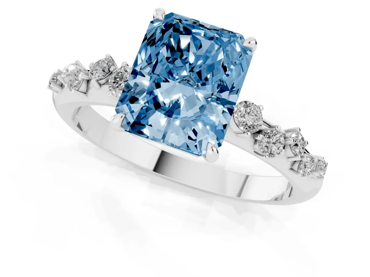 Fancy Blue Radiant Cut Diamond Cluster Prong-Set Solitaire Ring Platinum