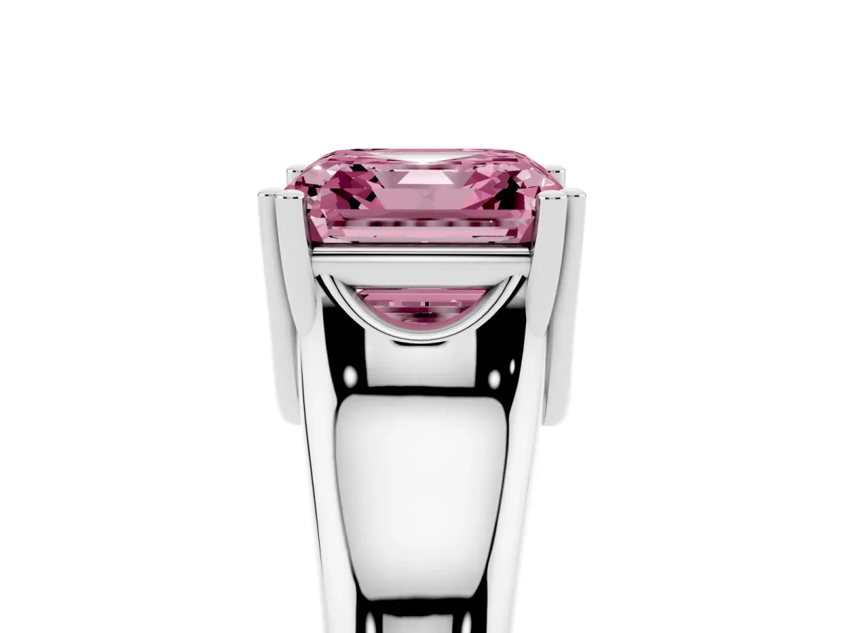 Fancy Pink Asscher Cut Diamond Solitaire Ring with Wide Band and Prong Setting Platinum