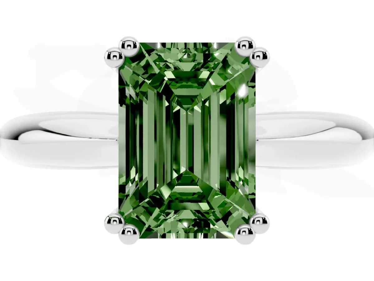 Fancy Green Emerald Cut Cut Solitaire Engagement Ring with Tapered Band and Four-Prong Setting White gold