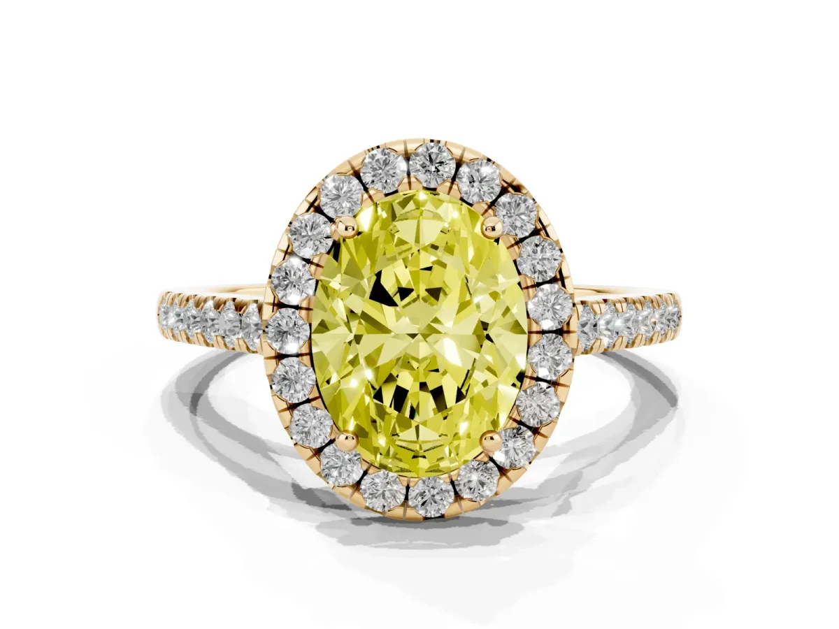 Fancy Yellow Oval Cut Halo Pave Diamond Engagement Ring with Four-Prong Setting Yellow gold