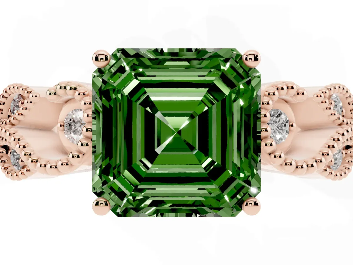 Fancy Green Asscher Cut Solitaire Milgrain Leaf Band with Prong Setting Rose gold