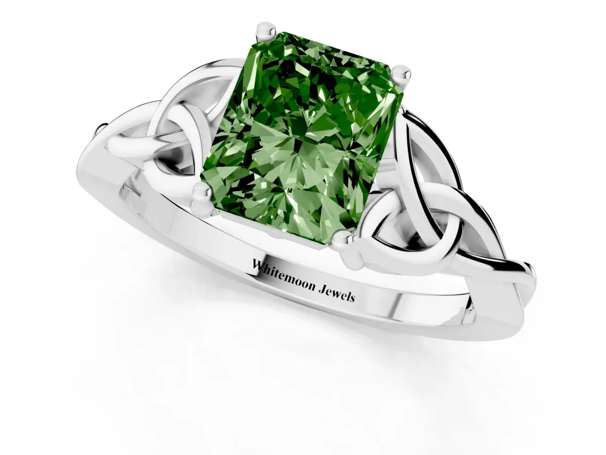 Fancy Green Radiant Cut Diamond Solitaire Engagement Ring with Celtic Knot Band and Four-Prong Setting Platinum