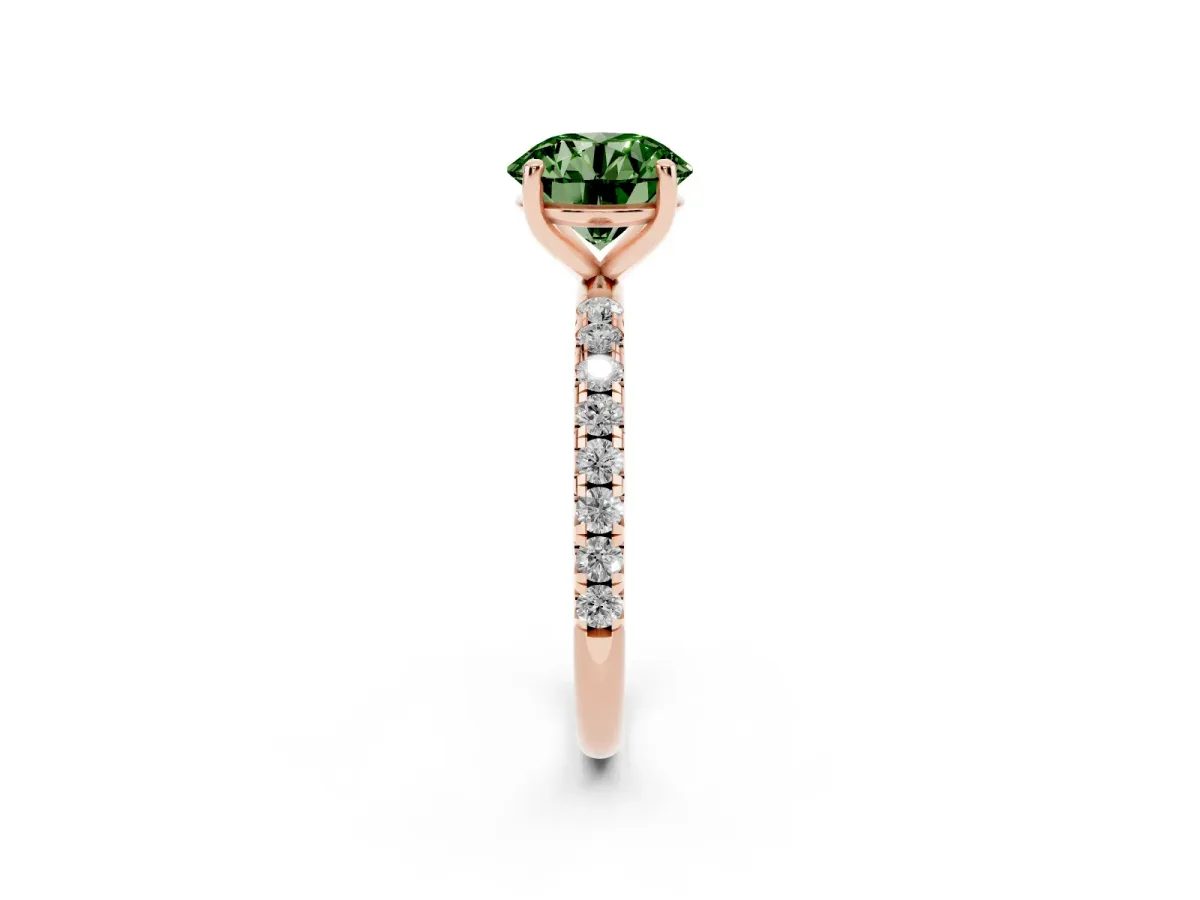 Fancy Green Round Cut Cut Diamond Solitaire Ring with Micro Pave Band and Four Prong Setting Rose gold