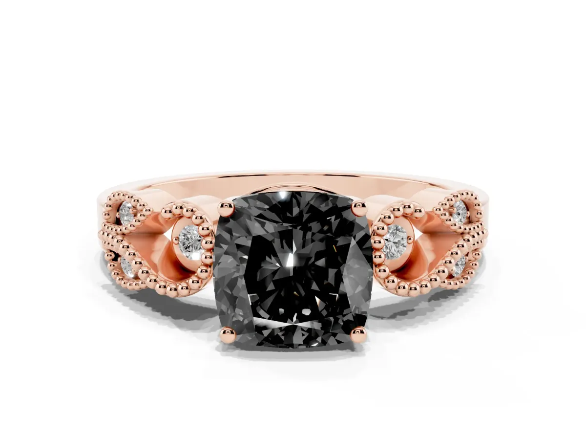 Fancy Black Cushion Cut Solitaire Milgrain Leaf Band with Prong Setting Rose gold