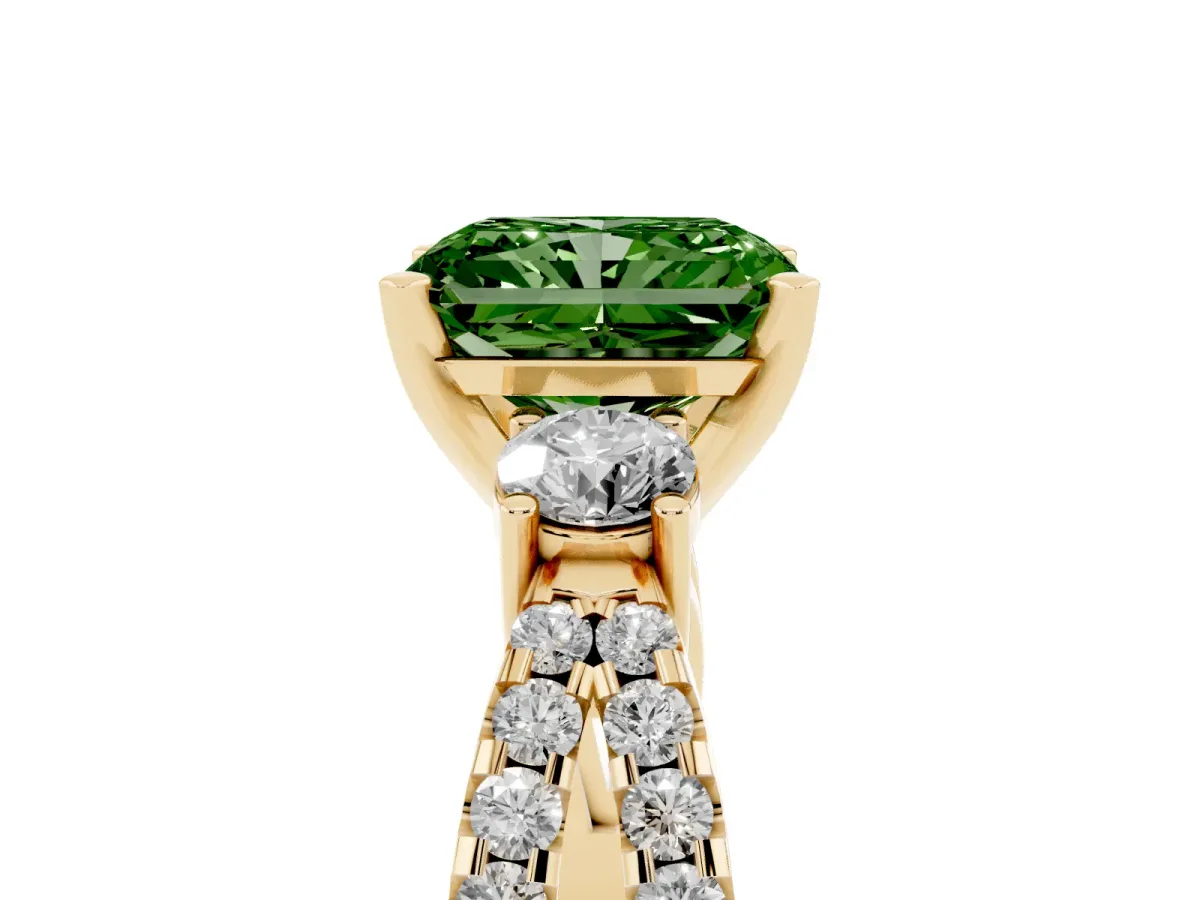 Fancy Green Radiant Cut Diamond Three-Stone Ring with Pavé Split Shank and Four-Prong Setting Yellow gold