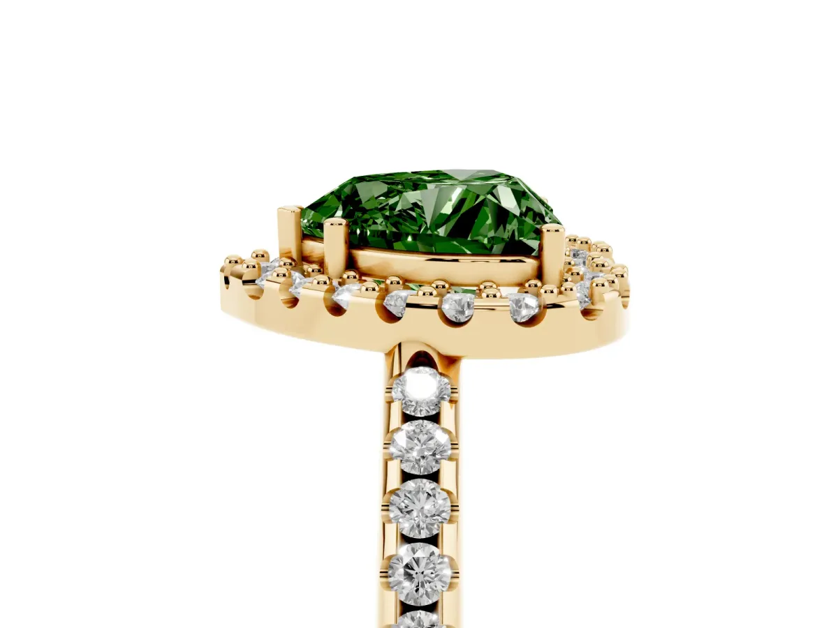 Fancy Green Heart Cut Diamond Pavé Halo Ring with Four-Prong Setting Yellow gold